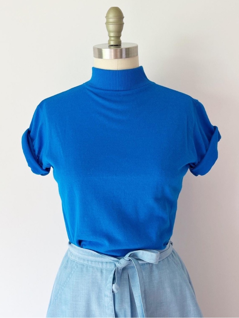 Vintage 1960s Royal Blue Mock Neck Top, Size S/M Short Sleeve